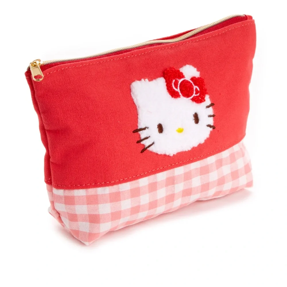 SANRIO Hello Kitty Chenille Gingham Zipper Pouch AND Compact Mirror Set NIP❤️🤍❤️